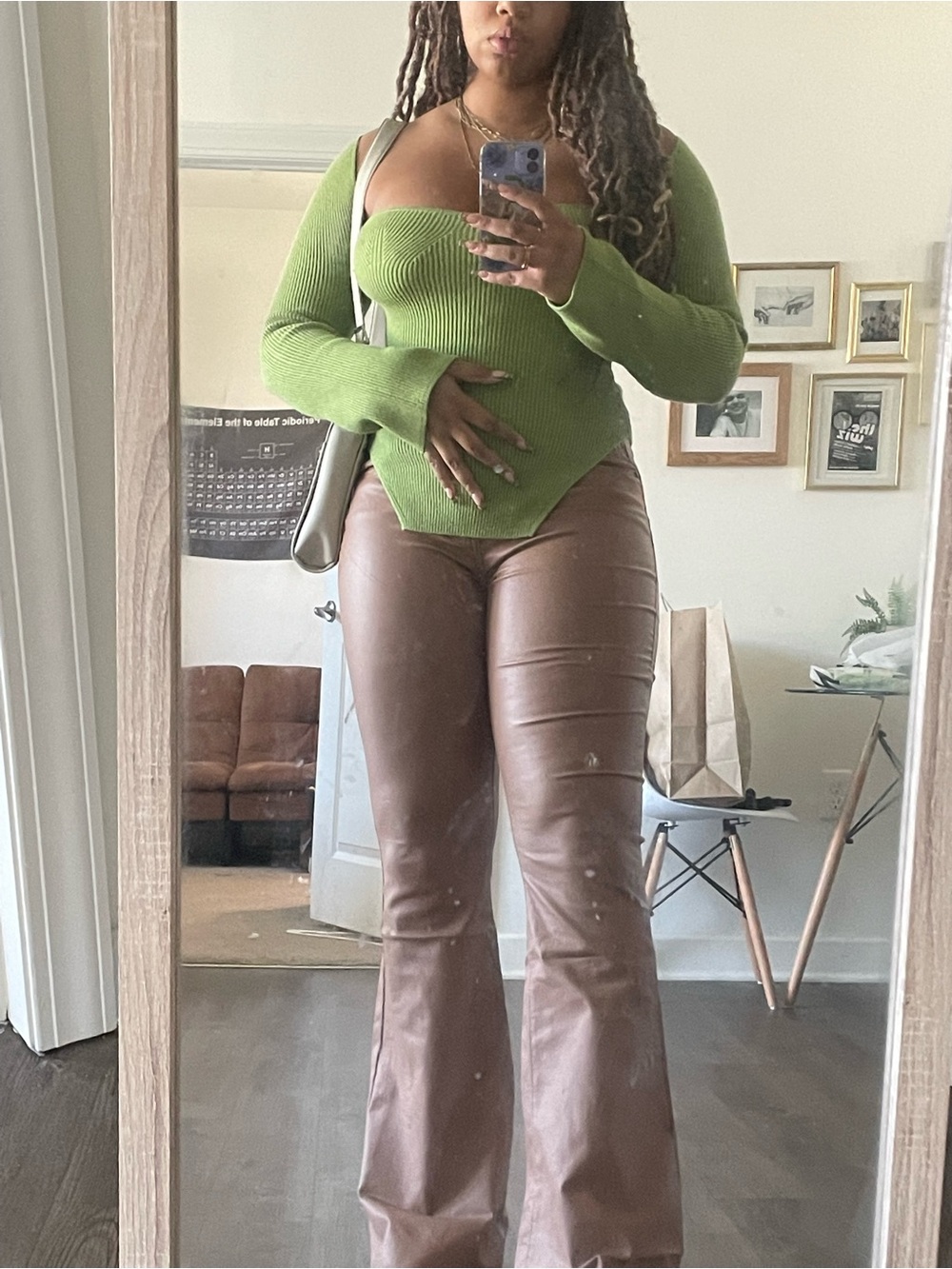 Ribbed Square-Neck Long Sleeve Top - Green